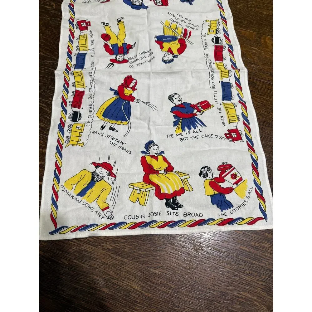 2 Kitchen Tea Towel Vintage‎ Colorful Boughten Old Time Family Story 17x27